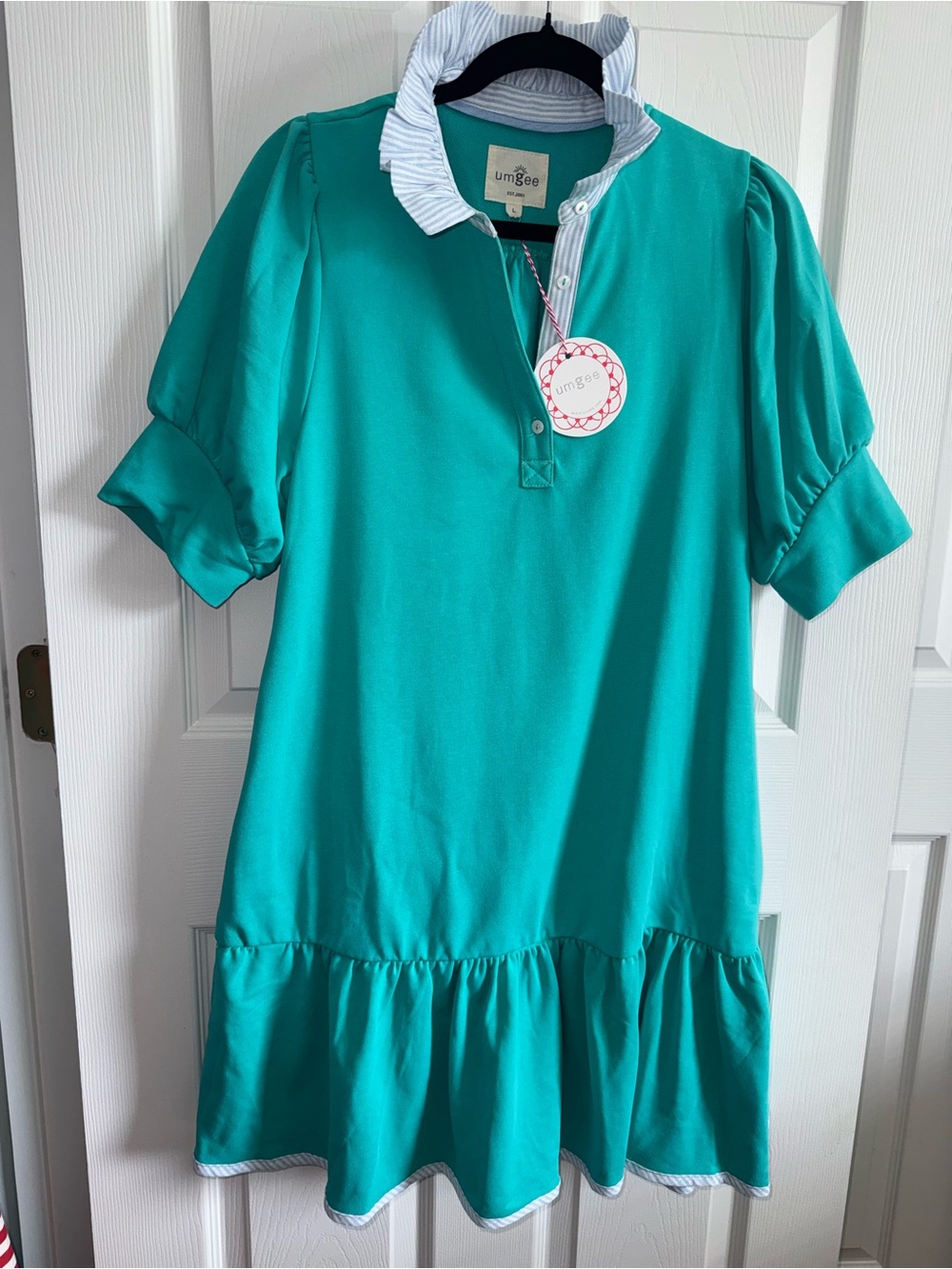 Umgee Teal Puff-Sleeve Ruffle Dress